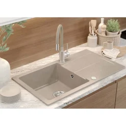 Zlewozmywak granitowy LONG, z baterią GUM, beżowy, 770 x 440 x 175 mm