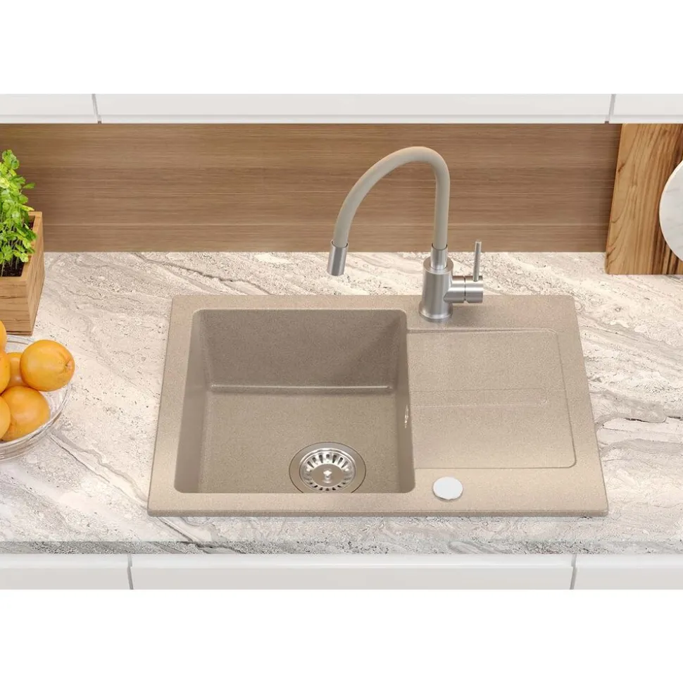 Zlewozmywak granitowy SHORT, z baterią GUM, beżowy, 620 x 440 x 175 mm